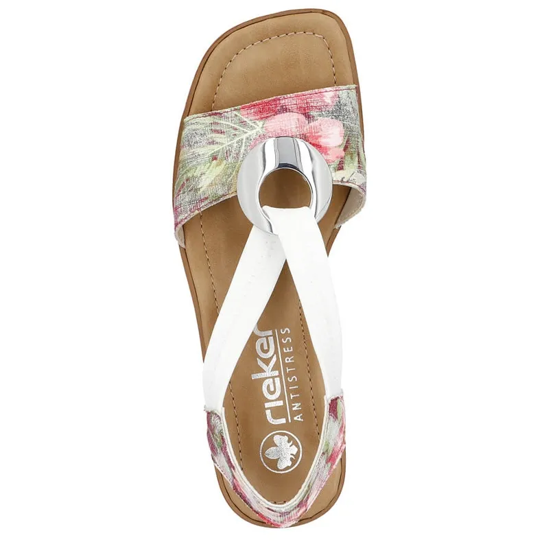 Comfortable women's slip-on sandals with flowers, multicolor Rieker 62662-90 white