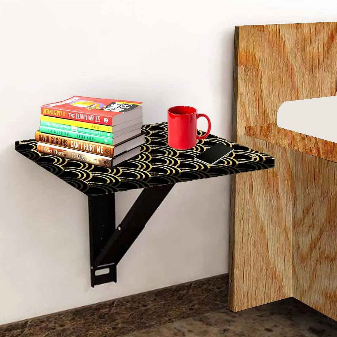 Folding Wall Mounted Bedside Table - Golden Design Pattern