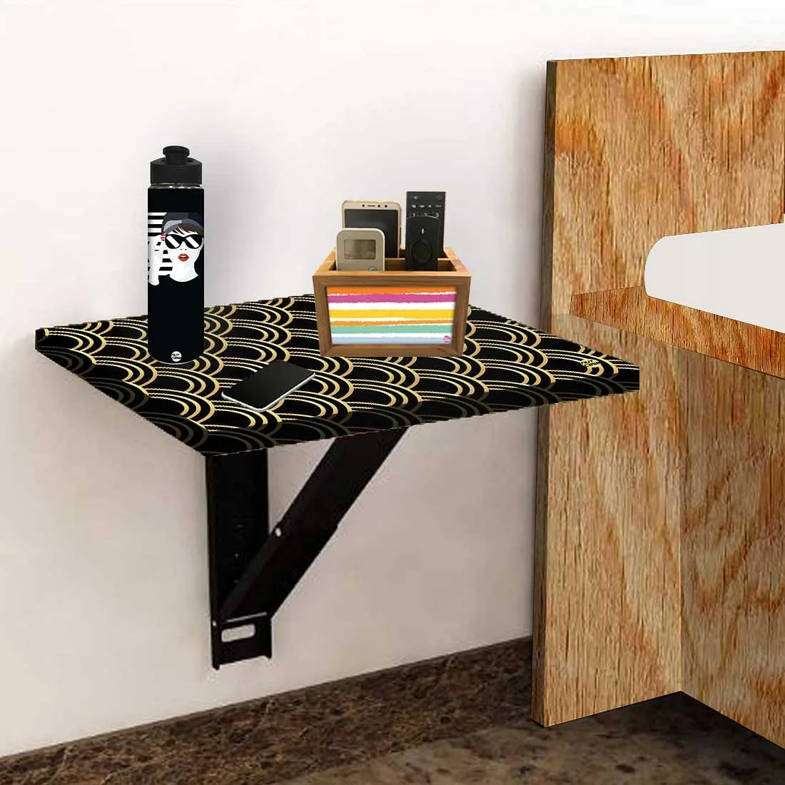 Folding Wall Mounted Bedside Table - Golden Design Pattern