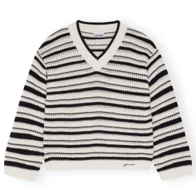 GANNI Striped Cotton Pointelle V-Neck Pullover (Multicolour)