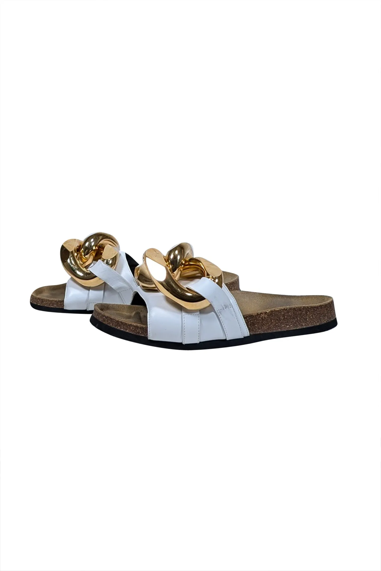 JW Anderson - Ivory Leather Upper Slide Sandals w/ Large Chunky Gold Chain Trim Sz 7