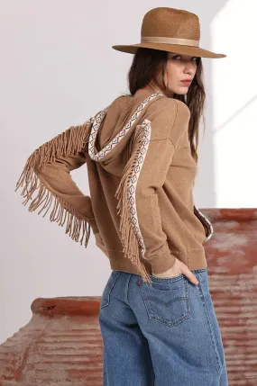 Minnie Rose    Cotton Cashmere Embroidered Fringe Hoodie Camel